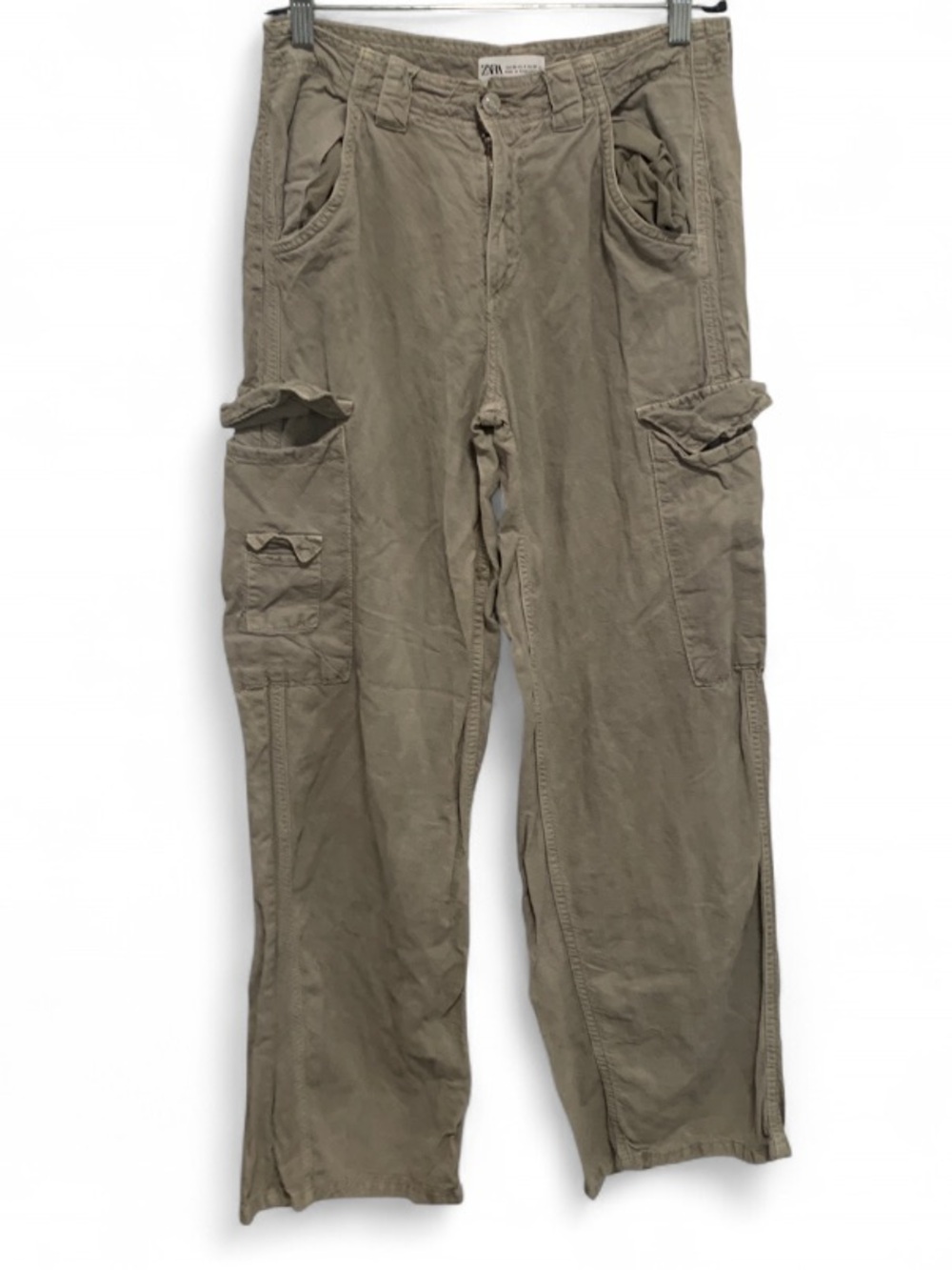 Zara Olive-Gray Linen Blend Cargo Pants with Multiple Pockets